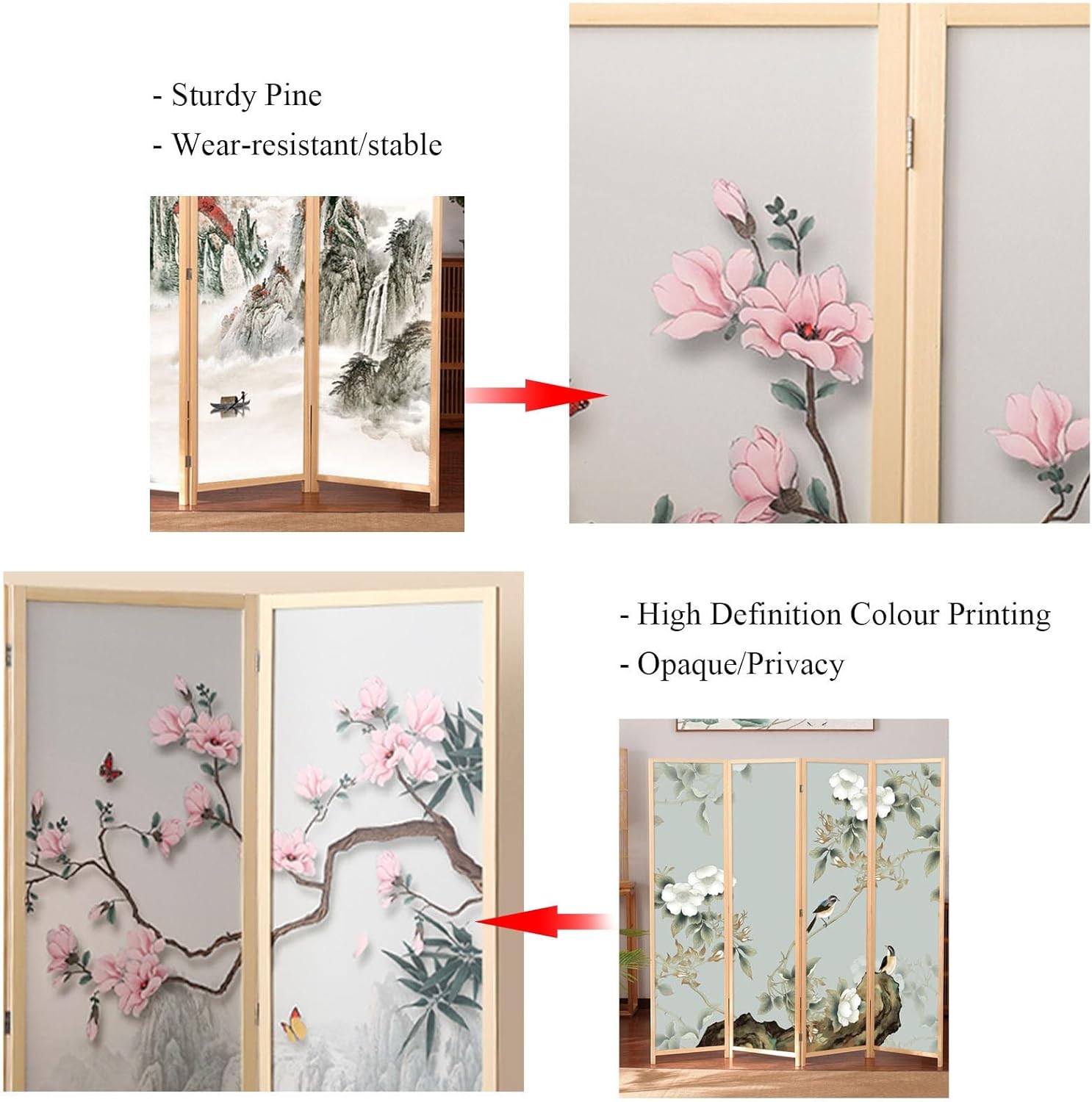 Room Dividers and Folding Privacy Screens, 6.5 Feet Tall Partition/Separator with Japanese Style Pattern, 4-7 Panels for Internal Office and Bedroom