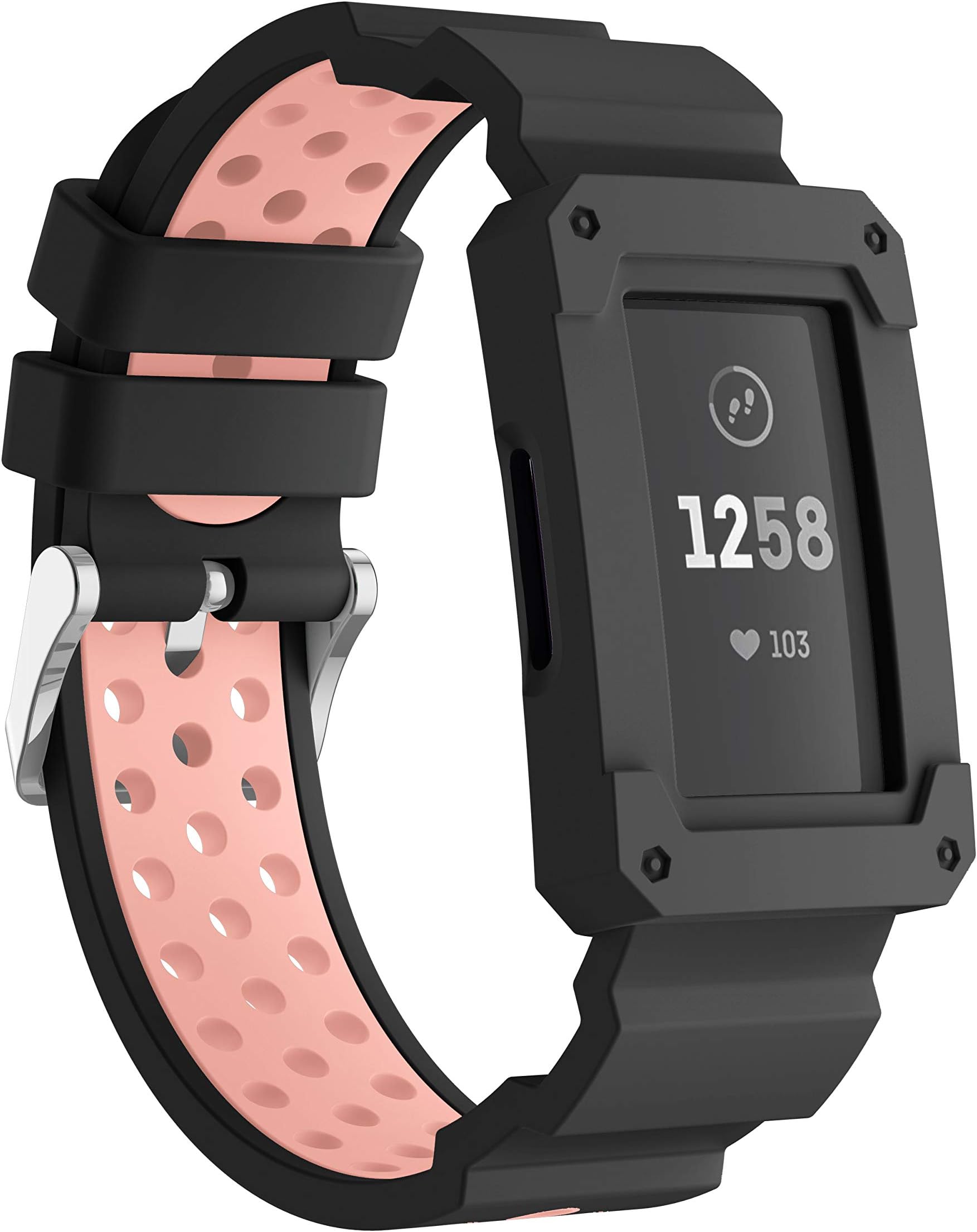 Compatible with Fitbit Charge 4/Fitbit Charge 3 Bands with Case, Silicone Strap with Shatter-Resistant Protective Frame for Fitbit Charge 3/SE/Charge 4 and Special Editions(Black Retro Rose)