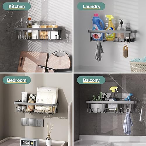 Miniatura 6 de Veken Paquete de 6 organizadores de ducha inoxidables y resistentes al agua, estantes adhesivos, gran capacidad para baño, organizadores para E.