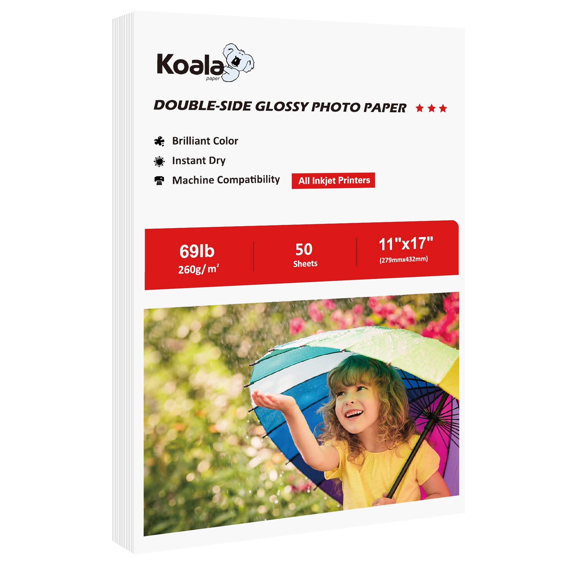 KOALA Glossy papel fotográfico | Papel de cartulina pesado compatible con impresora de inyección de tinta y tinta de tinta, 260 g/m²