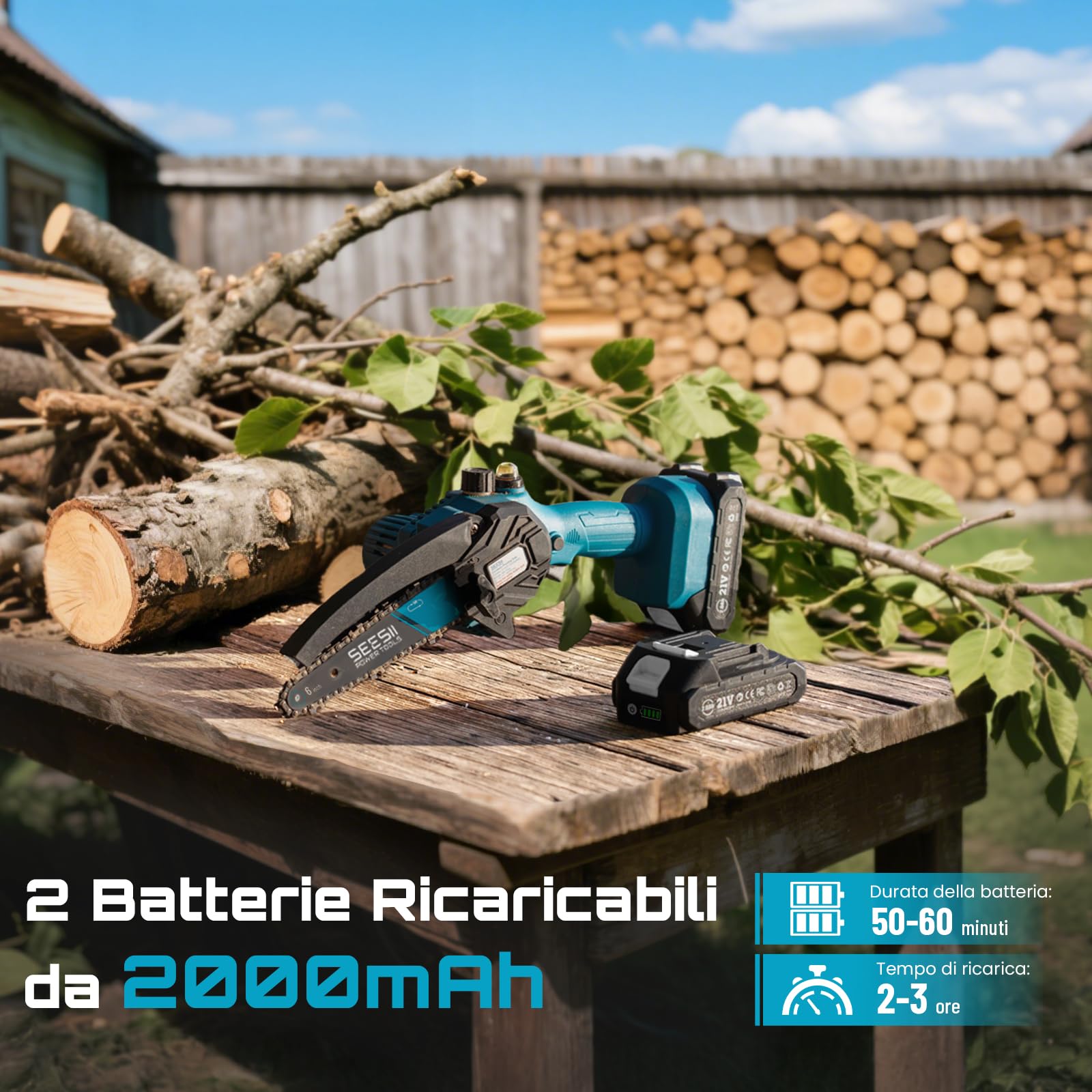SEESII 6 Pollici Mini Motosega a Batteria Portatile 2x2.0Ah