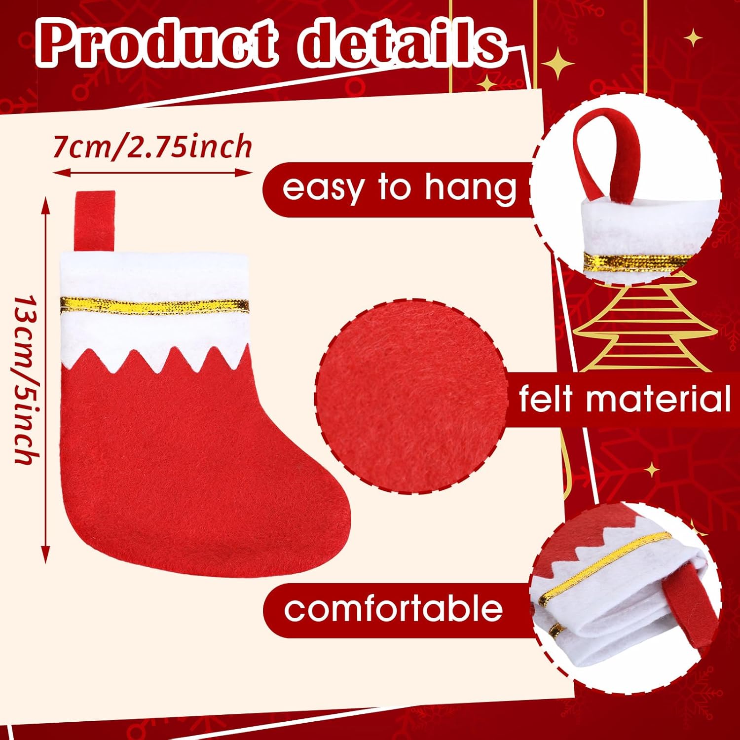 Ceenna 48 Pcs 5 Inch Mini Christmas Stockings Bulk Red Felt Christmas Stockings Christmas Tree Hanging Ornaments for Family Christmas Holiday Decorations DIY Craft Christmas Kids Stocking Bags