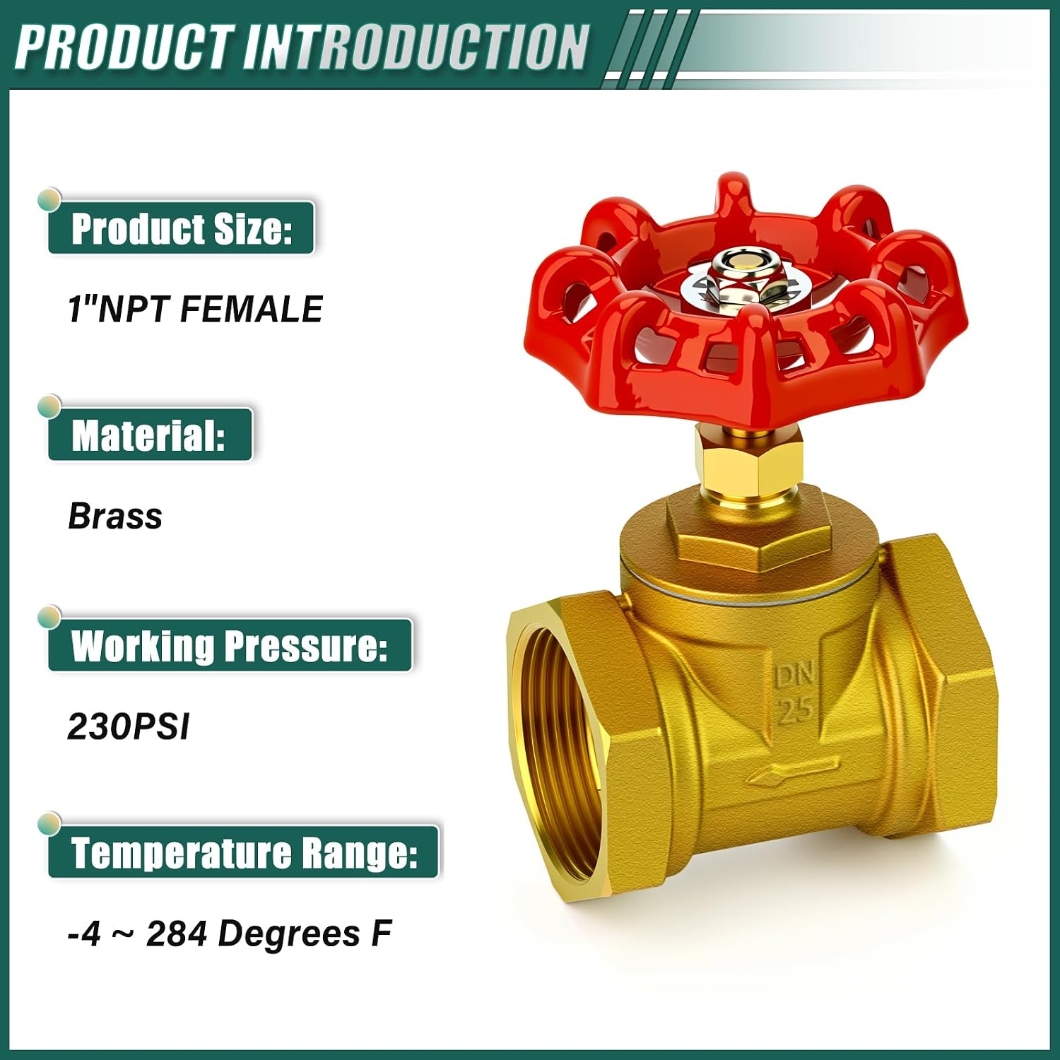 1" NPT Brass Gate Valve, Female x Female, with Wheel Handle, Heavy Duty Globe Valves Tool, for Fuel/Airl/Water/Gas/Oil (DN25)