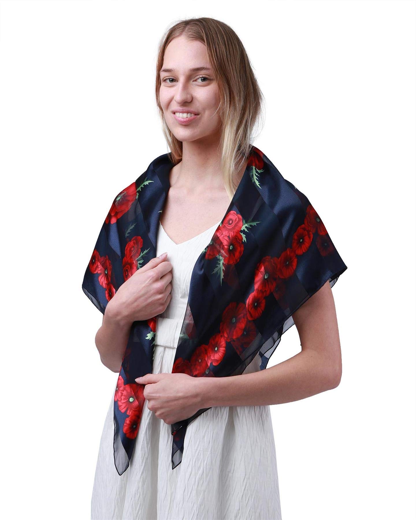 Basic Sense Poppy Square Scarf Satin Floral Wrap Shawl for Remembrance Day, Navy