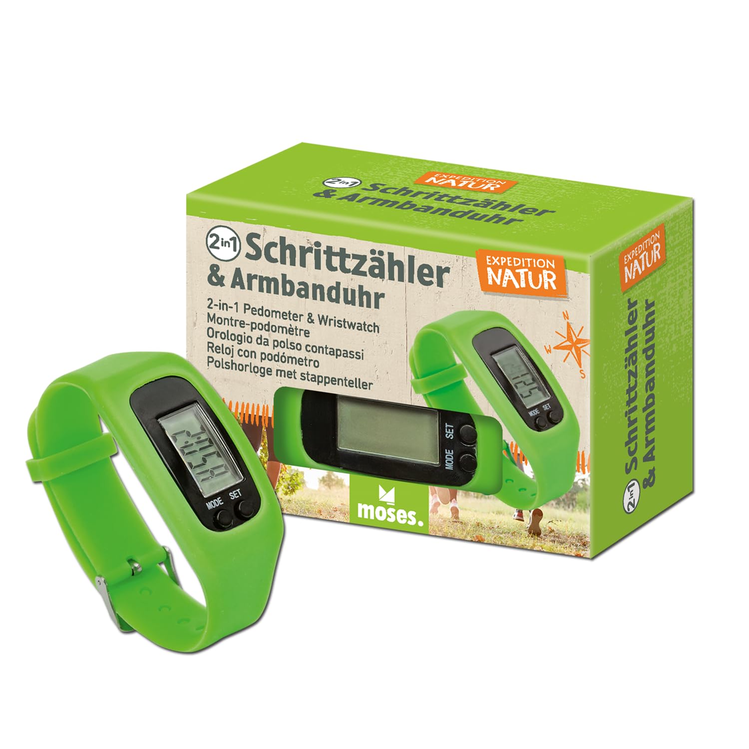 Moses. Expedition Natur 2-in-1 Schrittzähler & Armbanduhr, Kinder-Pedometer mit Uhrzeit-, Distanz- & Kalorienanzeige, verstellbares Silikonarmband, Outdoor-Uhr für Kinder