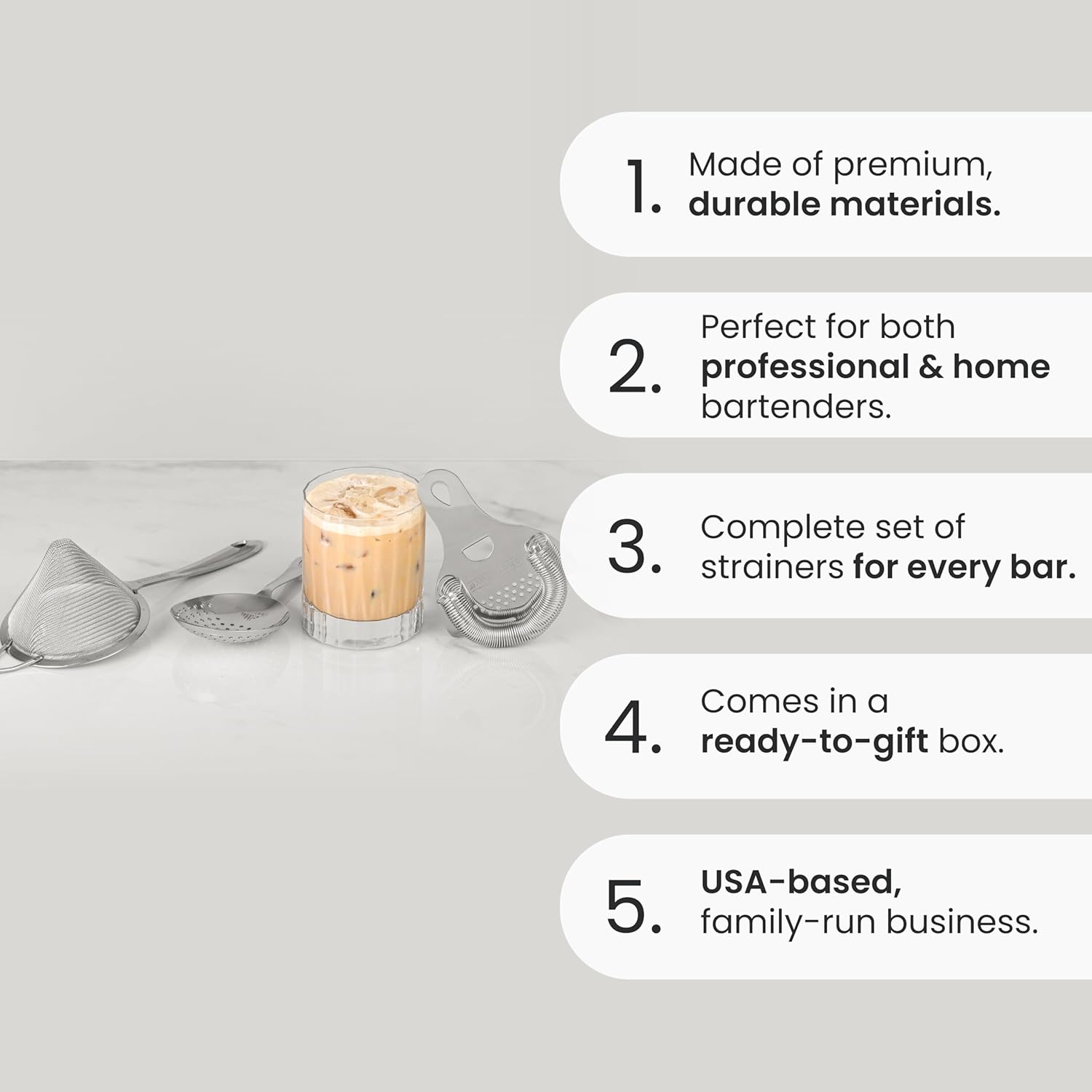 A Bar Above Professional Cocktail Strainer Set, 3-Piece Bundle, Includes Hawthorne and Julep Strainer, Fine Mesh Strainer, Rust Proof, Stainless Steel, for Home and Professional Bartender