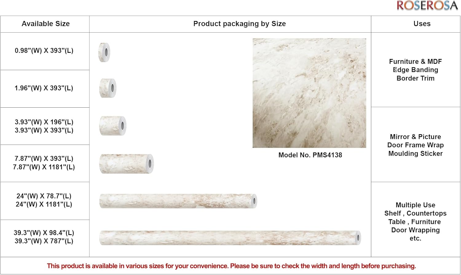 ROSEROSA Peel and Stick Matt Faux Marble Architectural Film Self-Adhesive Vinyl Film Wallpaper Door Wrap Counter Top Border Mirror Molding Trim PMS4138