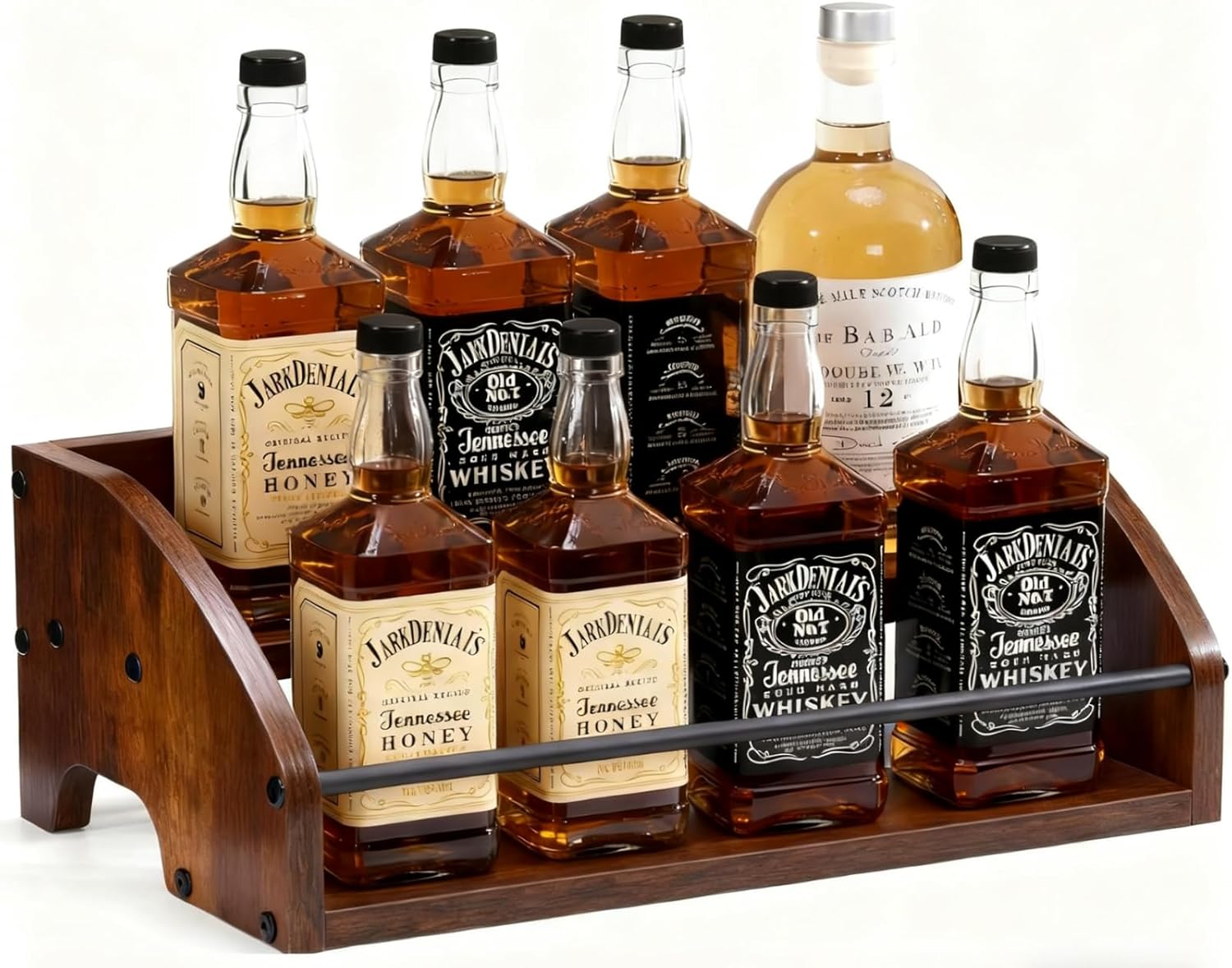 Liquor Bottle Display Shelf, Coffee Syrup Rack Organizer with Metal Hand, 3 Step Countertop Liquor Wine Rack, Mini Bar, Liquor Cabinet, Home Retro Bar Shelf Stand for Liquor Whiskey, Bourbon, Spirits