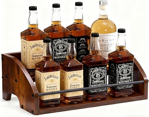 Estante de exhibición de madera para botellas de licor, estante de vino de licor de 2 escalones, organizador de jarabe de café, mini bar para el