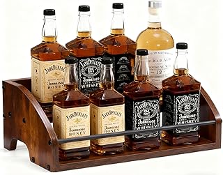 Wooden Liquor Bottle Display Shelf, 2 Step Countertop Liquor Wine Rack, Coffee Syrup Rack Organizer Mini Bar Home Retro Bar Shelf Stand for Liquor Whiskey, Spirits