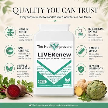 LIVERenew, Choline for Normal Liver Function, Artichoke 4800mg Equivalent with NAC and Dandelion, 60 Vegan Capsules, Made in UK