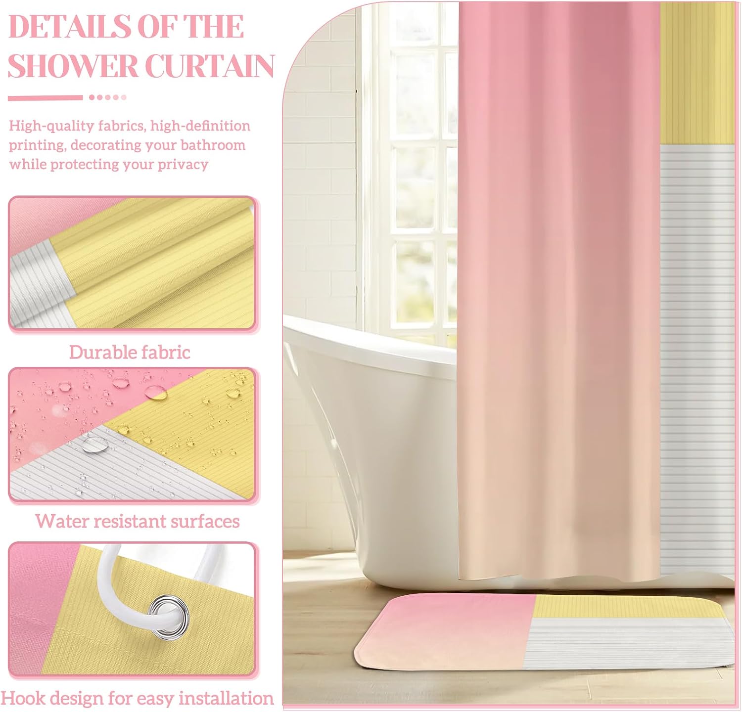 4 Pcs Pink Yellow Beige Bathroom Sets with Shower Curtain Set and Non-Slip Rugs for Bathroom, Modern Bathroom Shower Curtain Sets with Rugs and Accessories