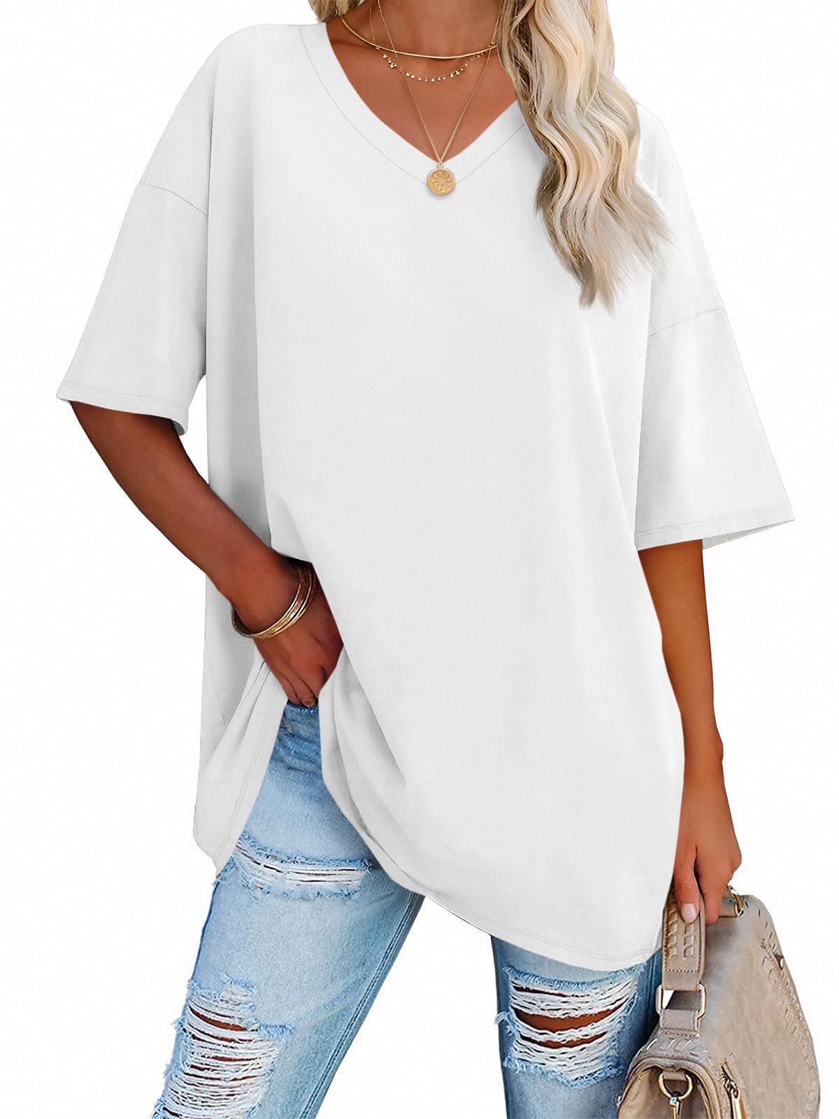 Ebifin Womens Oversized Tshirts V Neck Tee Shirts Half Sleeve Loose Fit T Shirt Cotton Tunic Tops 2025
