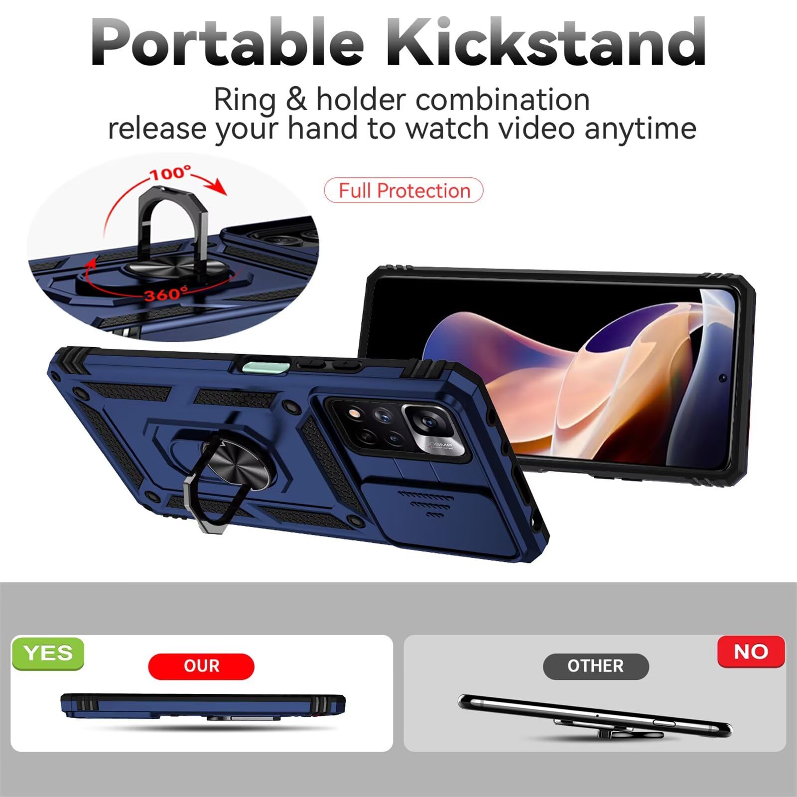 Dechyi Cover per Xiaomi Redmi Note 11S 4G/Redmi Note 11 4G e 2 Vetro Temperato Custodia con Scorrevole Protezione Fotocamera Custodia Rotante Anello