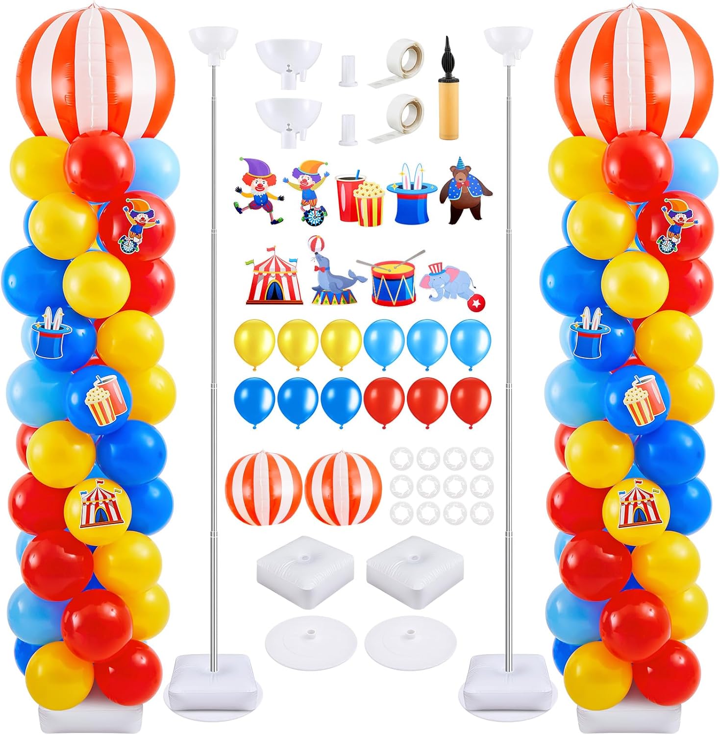 Gejoy 2 Set Carnival Balloon Column Stand Kit with 123 Pcs Carnival Balloons 9 Pcs Carnival Cards 6.5 ft Adjustable Balloon Tower Pillar with Metal Telescopic for Carnival Circus Party Decorations