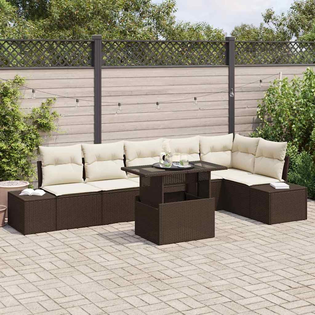 Sofa ogrodowa 7-częściowy zestaw z poduszkami w kolorze brązowym i kremowym, modułowy mebel outdoorowy z polirattanu ze stalową ramą i stołem ze szkła o regulowanej wysokości, wygodny zestaw