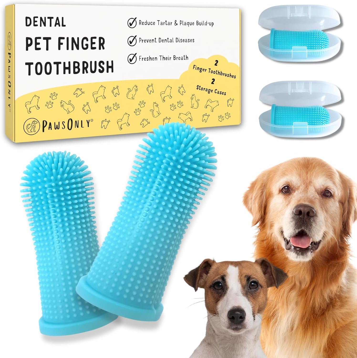 PawsOnly | Dog Finger Toothbrush 2-Pack with Storage Cases | 360° Soft Silicone Bristles | Reusable, Gentle Plaque & Tartar Removing Tooth Brush for All Dog Sizes (Blue)