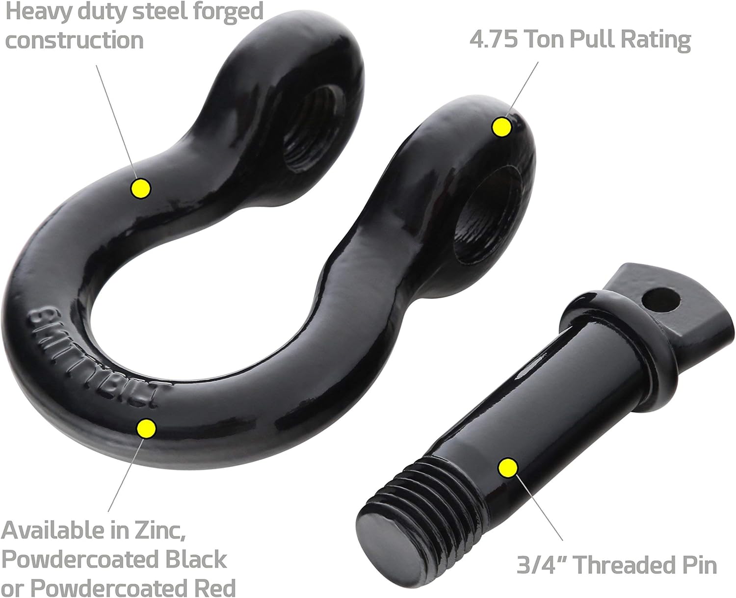Smittybilt 13047B D-Ring Shackle 3/4" Threaded Pin 4.75 Ton Rating Black