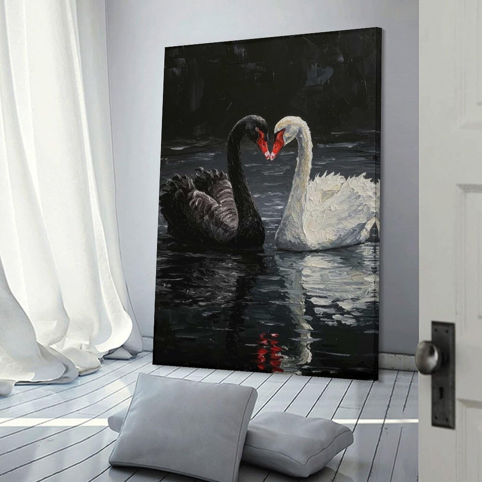 Junmoney Frame-Style-6 Canvas Wall Picture Black And White Swans Painting, 24X36inch(60X90cm), For Bedroom, Lounge Or Dressing Area, Stylish Decor For A Restful Room Update