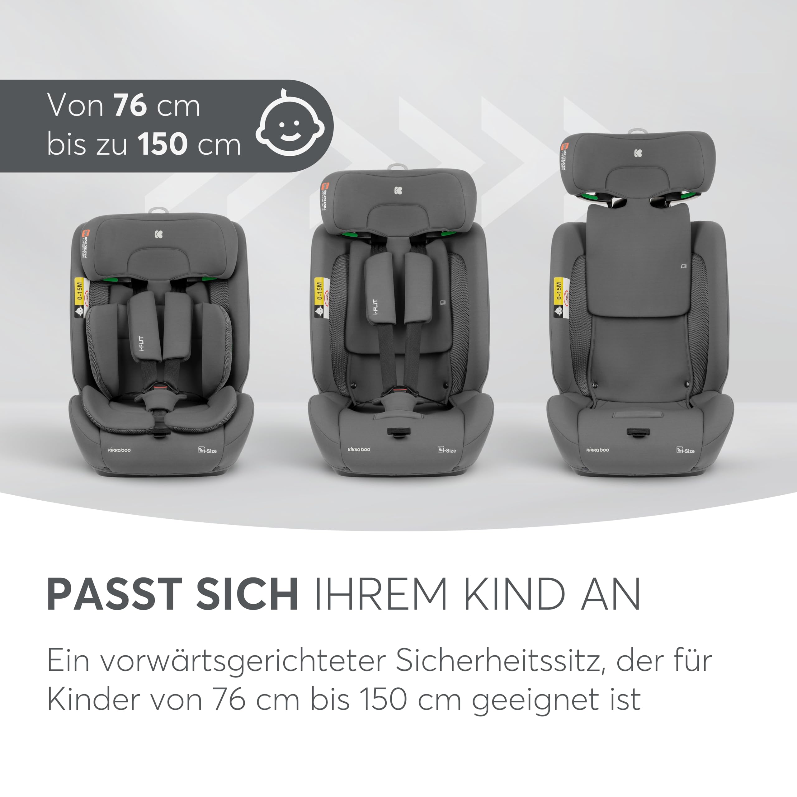 KikkaBoo i-Size i-­FLIT, Kindersitz 9-36 kg ISOFIX, Autokindersitz 76-150 cm, Gruppe 1/2/3, 15 Monate bis 12 Jahre, SPS Seitenschutz, Top Tether, Verstellbare Kopfstütze, Hellgrau