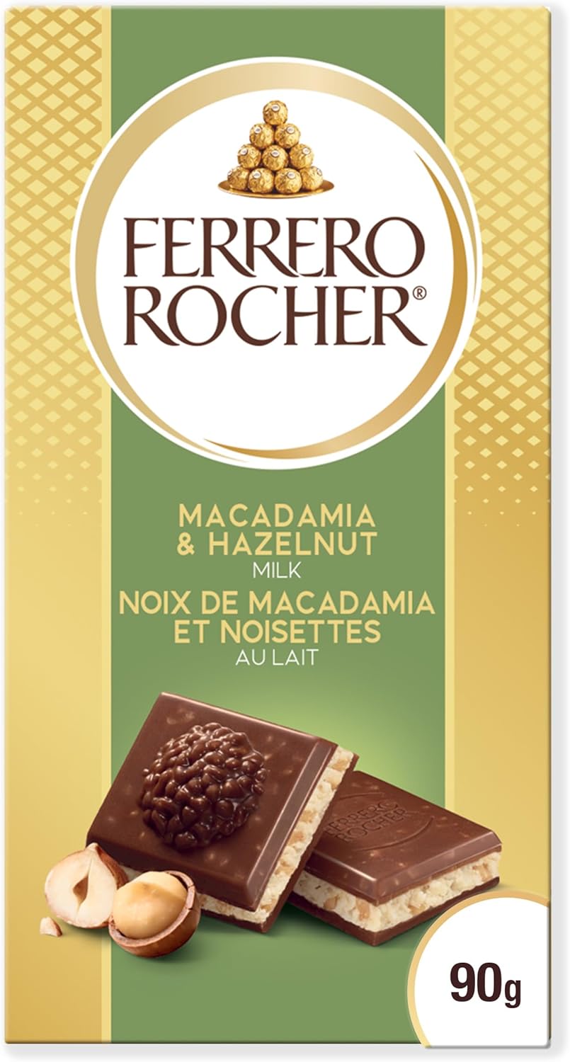FERRERO ROCHER Premium Chocolate Bar, Macadamia and Hazelnut Milk Chocolate, 90g