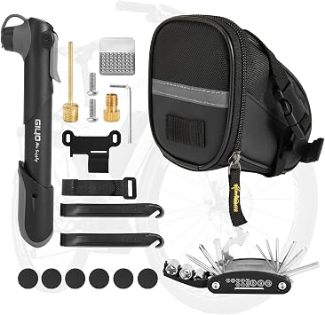 Bike Saddle Bag with Repair Tool Kit Multi Tool Puncture Repair Set with Tyre Levers Glueless Patch Pads and Valve Adapters Waterproof Bicycle Storage Bag for Road and Mountain Bikes