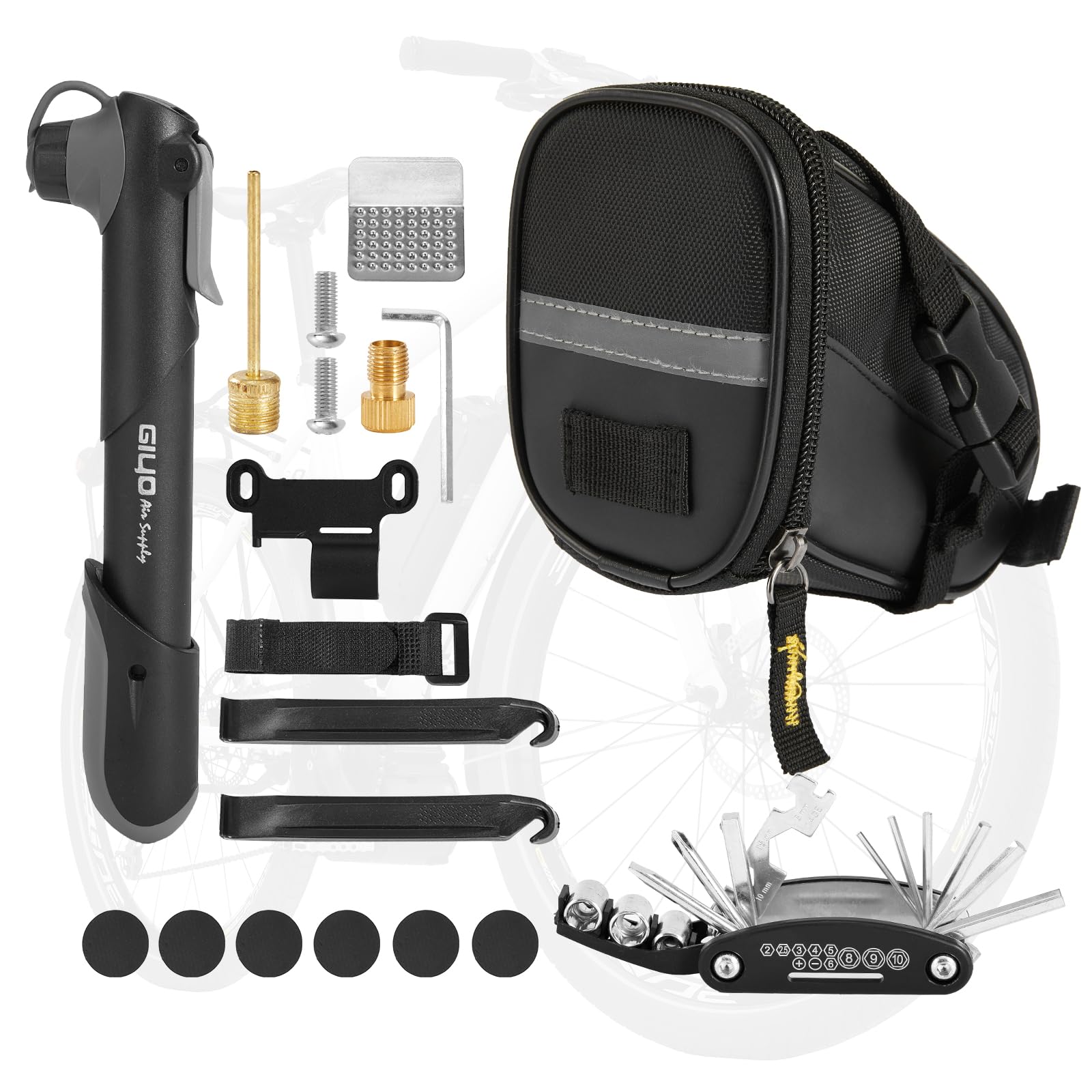 GreenWhim Bike Saddle Bag with Repair Tool Kit Multi Tool Puncture Repair Set with Tyre Levers Glueless Patch Pads and Valve Adapters Waterproof Bicycle Storage Bag for Road and Mountain Bikes