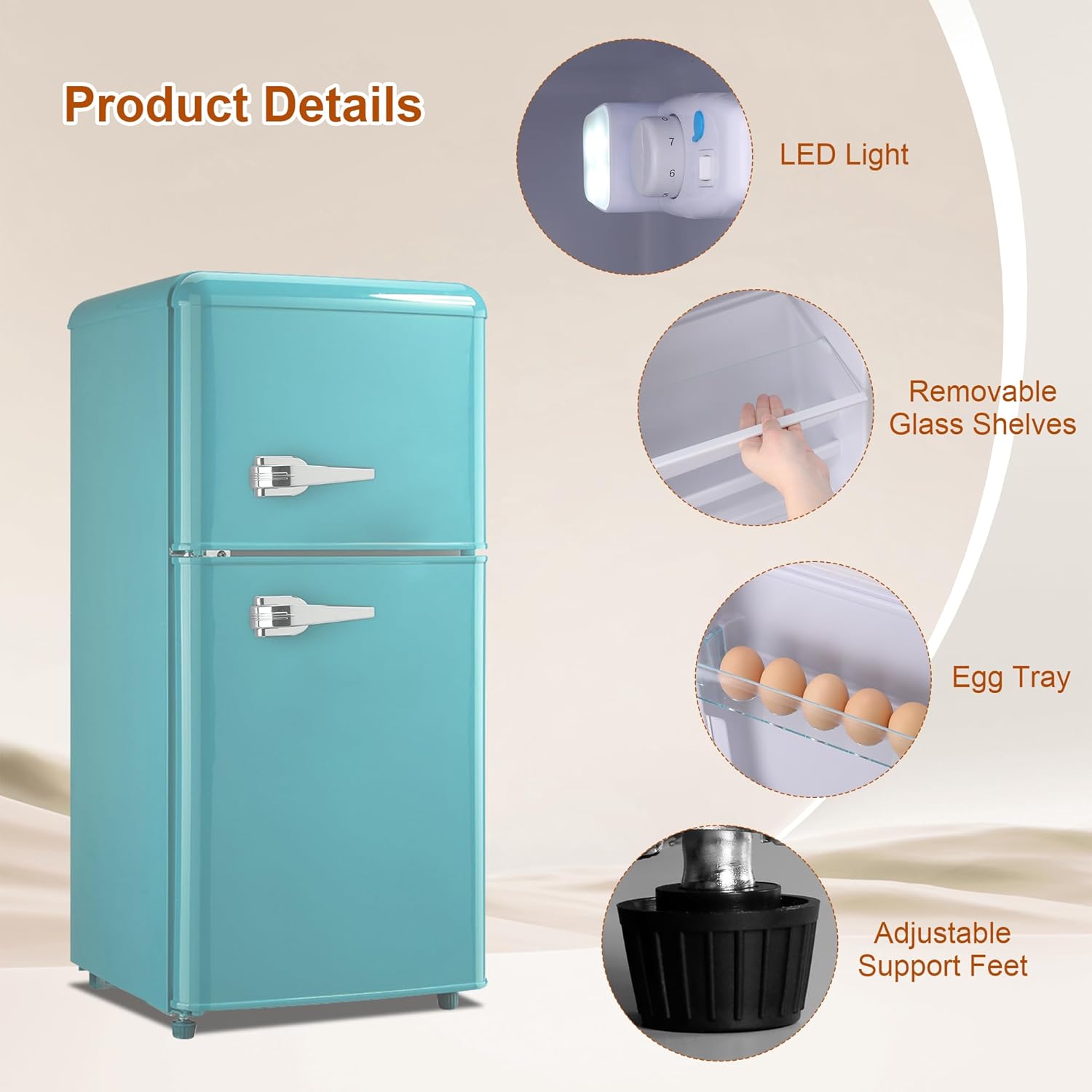 Retro Mini Fridge with Freezer 4.0 Cu. Ft, Small Refrigerator with 7 Level Adjustable Thermostat, Compact Classic Dual Door Fridge Removable Glass Shelves for Apartments, Dorm, Office, Mint Green