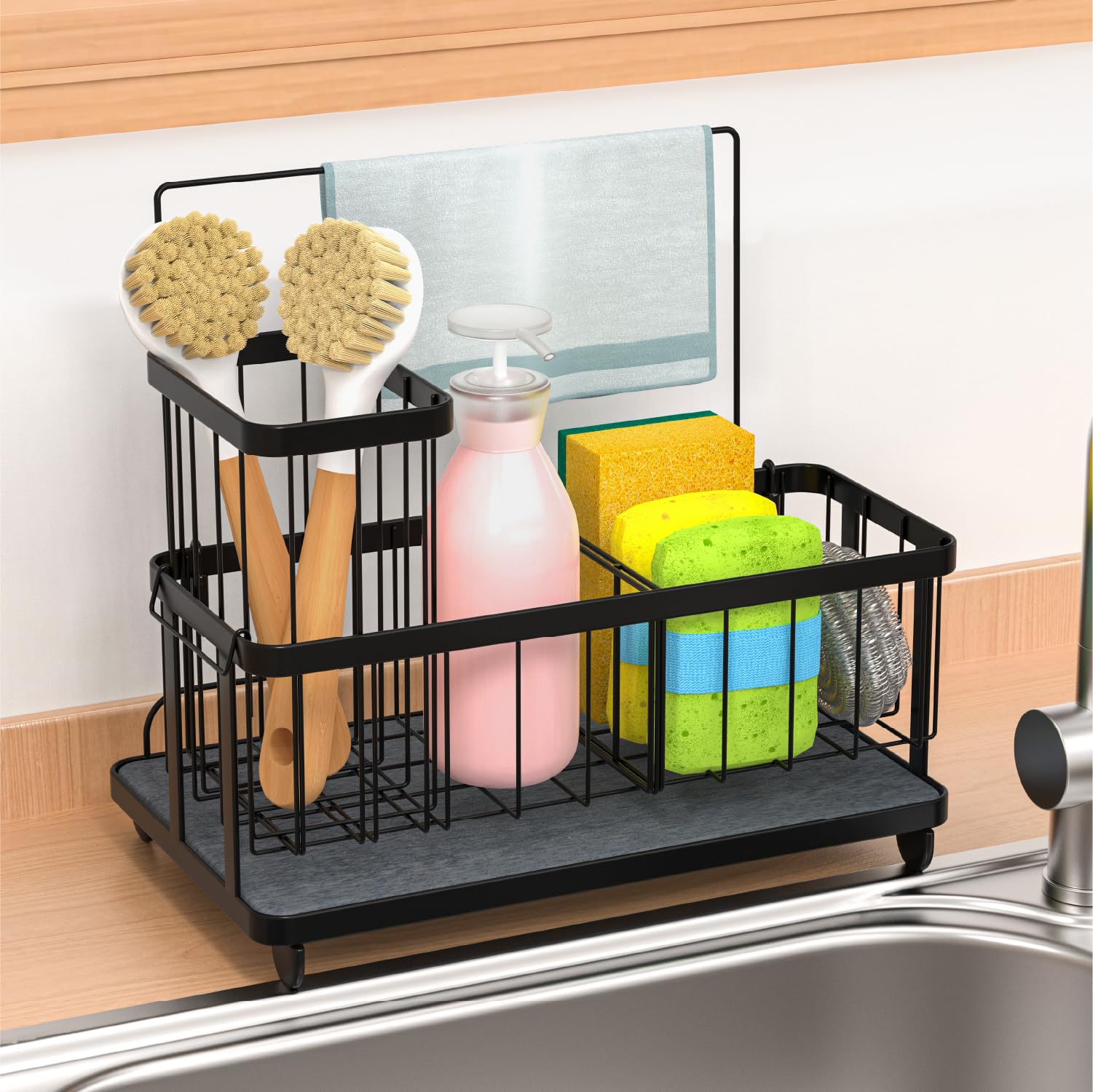iHomara Spülbecken Organizer, Schnelltrocknender Stein Schwammhalter Spülbecken, Abnehmbar küchen organizer spüle, Edelstahl Schwammhalter und spüllappenhalter für Küche und Bäder