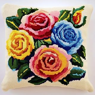 AMBATTERY Kit Para Cojín De Punto De Cruz, flores rosas de colores Funda De Almohada Bordada A Mano 45 × 45 cm Kit de cojines de punto de cruz estampados Diy Kits De Almohadas De Costura