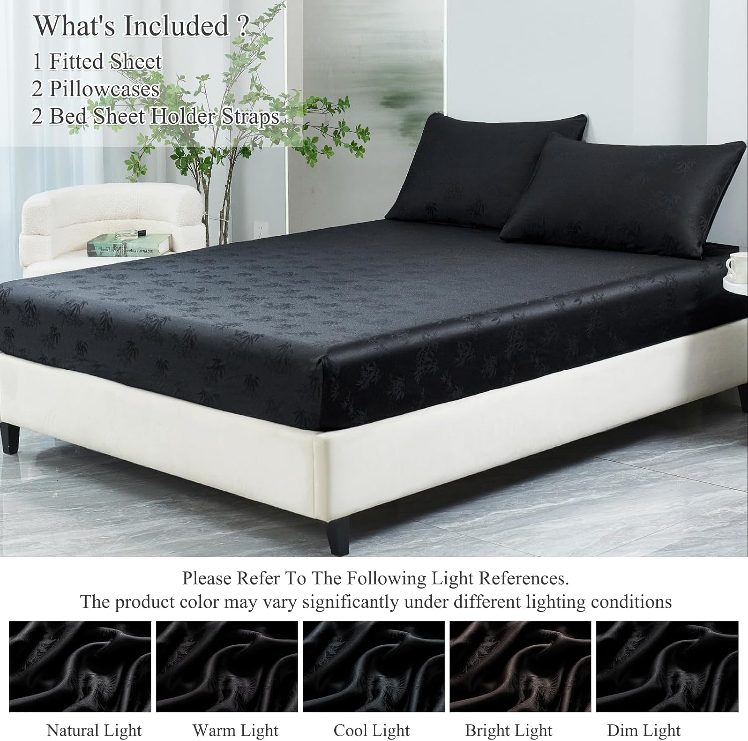 100% Viscose Derived from Bamboo Fitted Sheet with Pillow Cases for Hot Sleepers, 400 Thread Count Jacquard Weaving, 16" Deep Pocket, Silky Soft, Cooling and Breathable, Full, Black