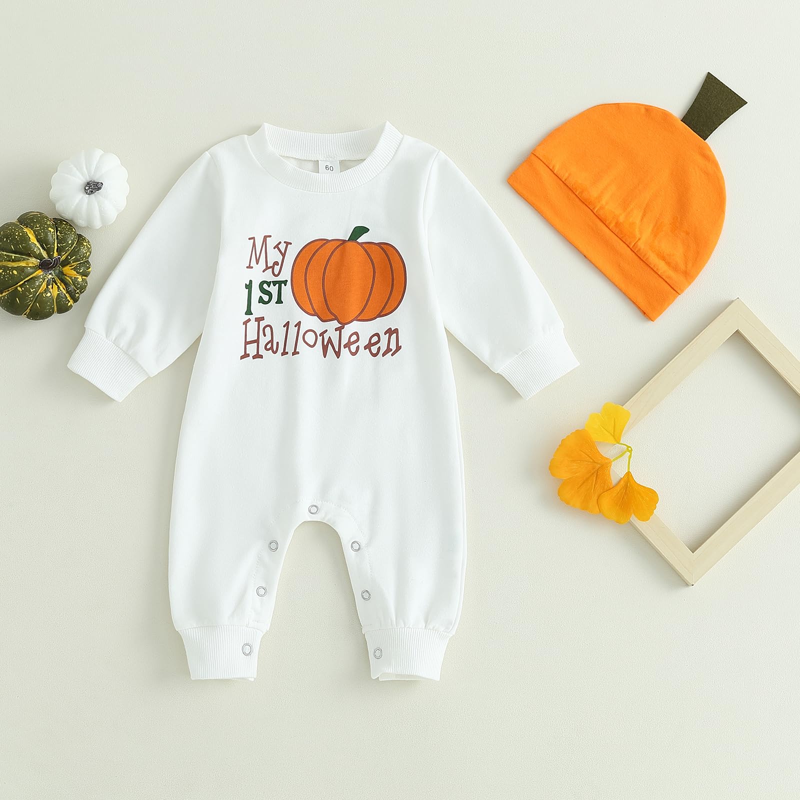 Ynibbim 0-24 Months Newborn Baby Girl Boy Halloween Outfits Pumpkin Print Jumpsuit Infant Long Sleeve Romper Fall Clothes (1ST - White, 0-3 Months)