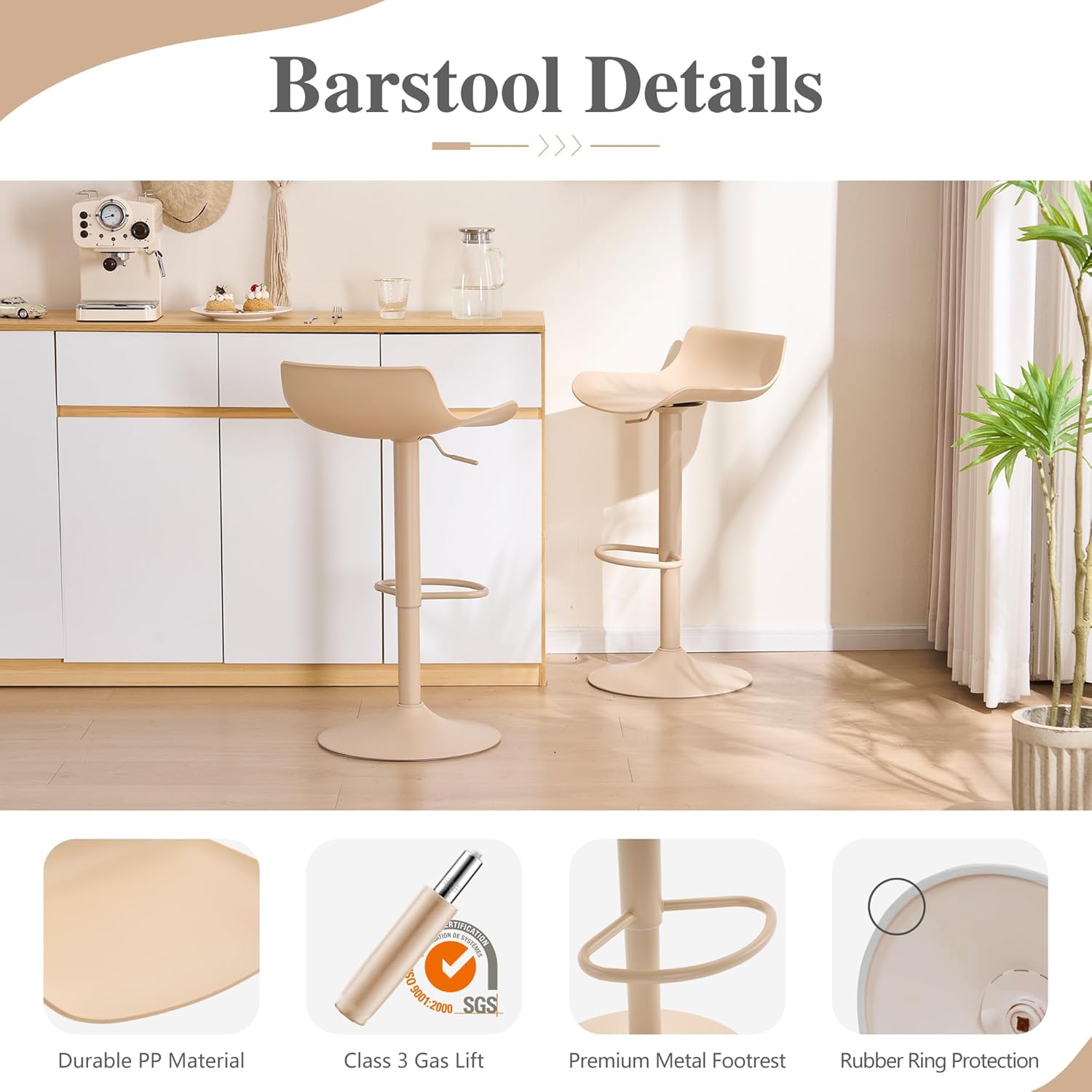 YOUNIKE Adjustable Height Bar Stools Set of 2 Plastic Swivel Barstool with Low Back Modern Kitchen Counter Island Bar Chairs for Breakfast Nook Cafe Bars Light Khaki