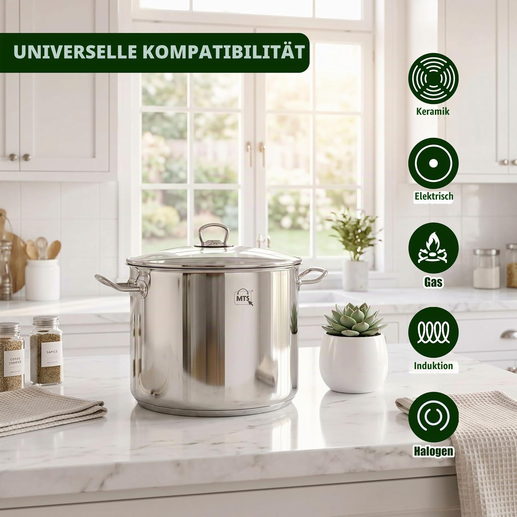 GEEZY Großer Suppentopf aus Edelstahl mit Glasdeckel 20 L – Induktionsboden, alle Herdarten kompatibel, genietete Griffe, belüftete Abdeckung, spülmaschinenfest – unverzichtbare Kochpfanne für Suppen