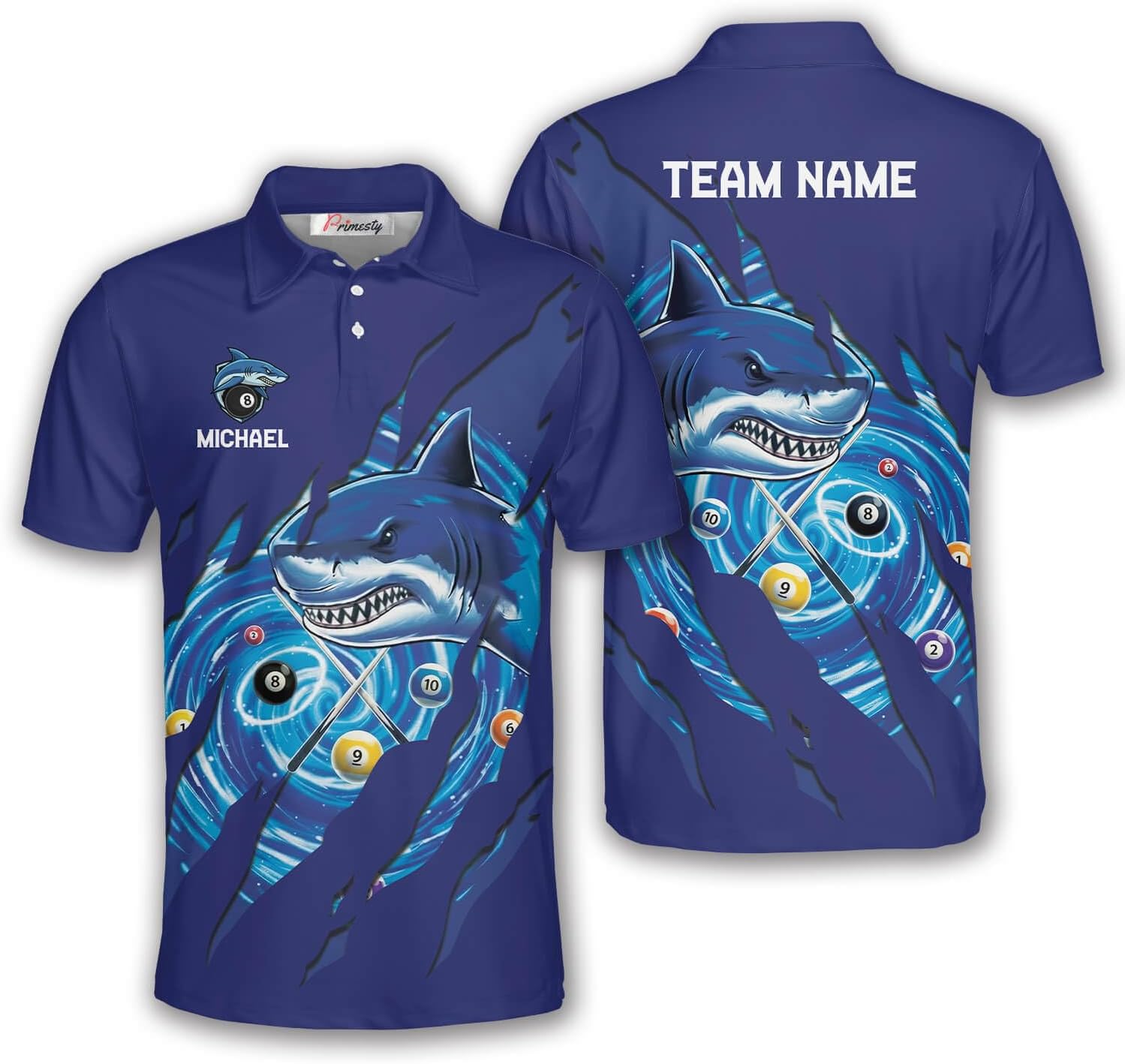 PRIMESTY Shark Billiard Polo Shirt – Custom Name, Unisex 8 Ball Pool Jersey for Men and Women