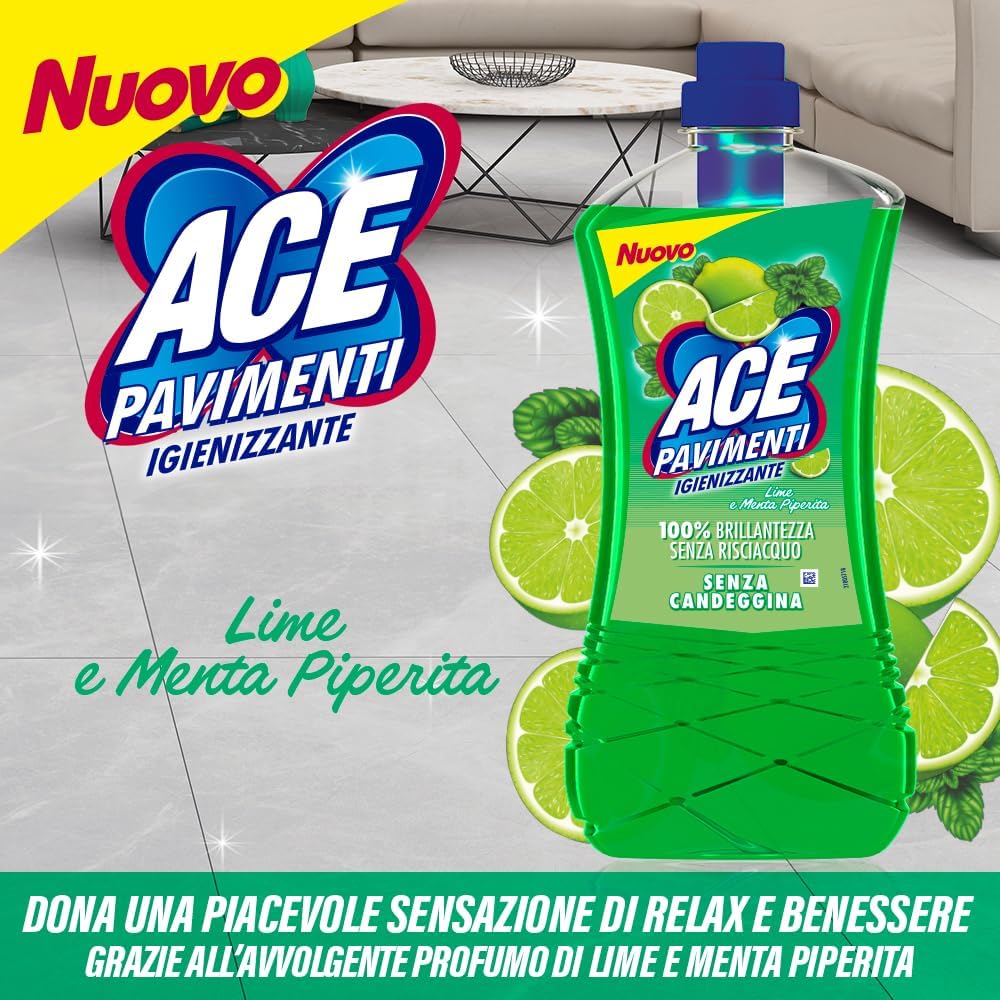 ACE Pavimenti - Limpiador de suelos higiénico, 12 unidades, lima y menta, sin lejía, limpia a fondo y aporta brillo a los suelos, 1 litro + llavero Beni Culinari gratuito