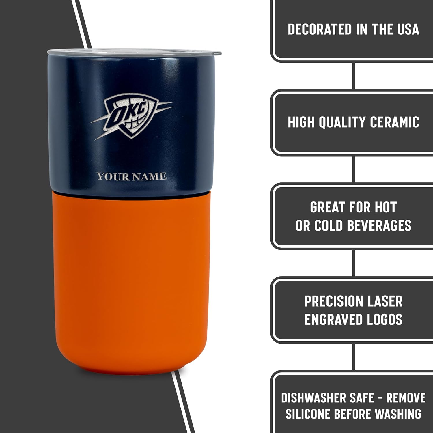 Greater Distance NBA Teams Personalized 16-oz Ceramic Tumbler with Silicone Grip, Deep Laser Engraved, Two-Tone Team Colored Design with Slide Lid, Travel Coffee Mug, Matte Glaze