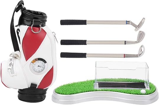 Golf Pens Holder, Office Desktop Mini Golf Club Pen Holder Set, Stationery Decorations Bag Pen Holder with Clock Card Case Kit for Golf Club Souvenirs Business Gift