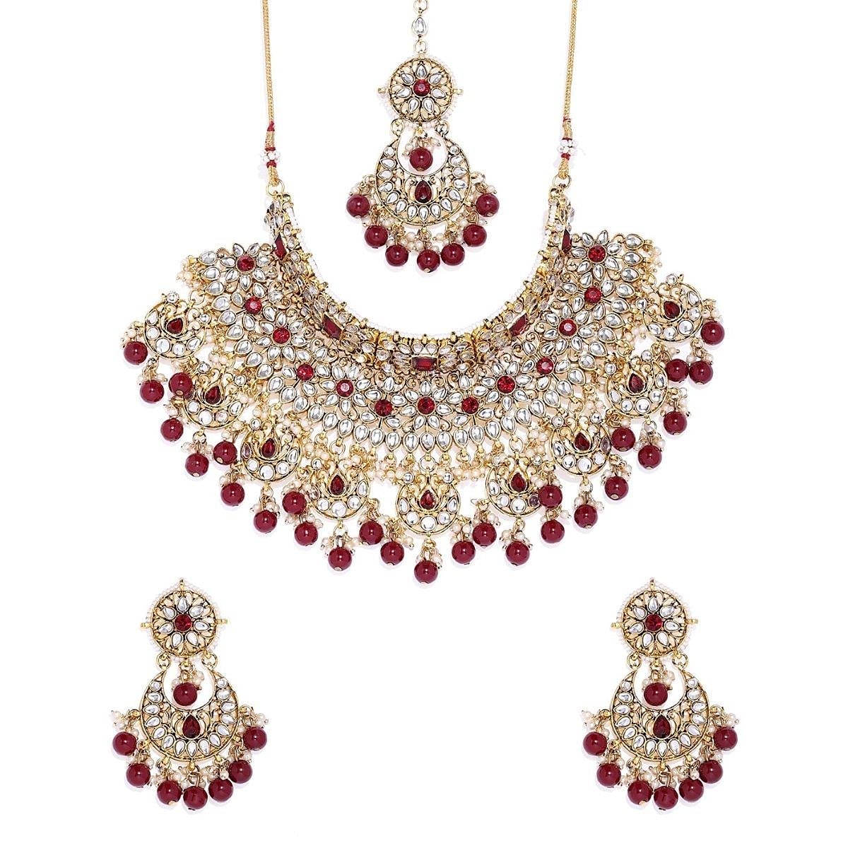 ACCESSHER Gold Plated Traditional Kundan and Ruby Stones Embellished Statement Bridal Necklace Jewellery Set with Pair of Earrings and Maang Tika for Women (B08BCTH3S6) Amazon Price History, Amazon Price Tracker
