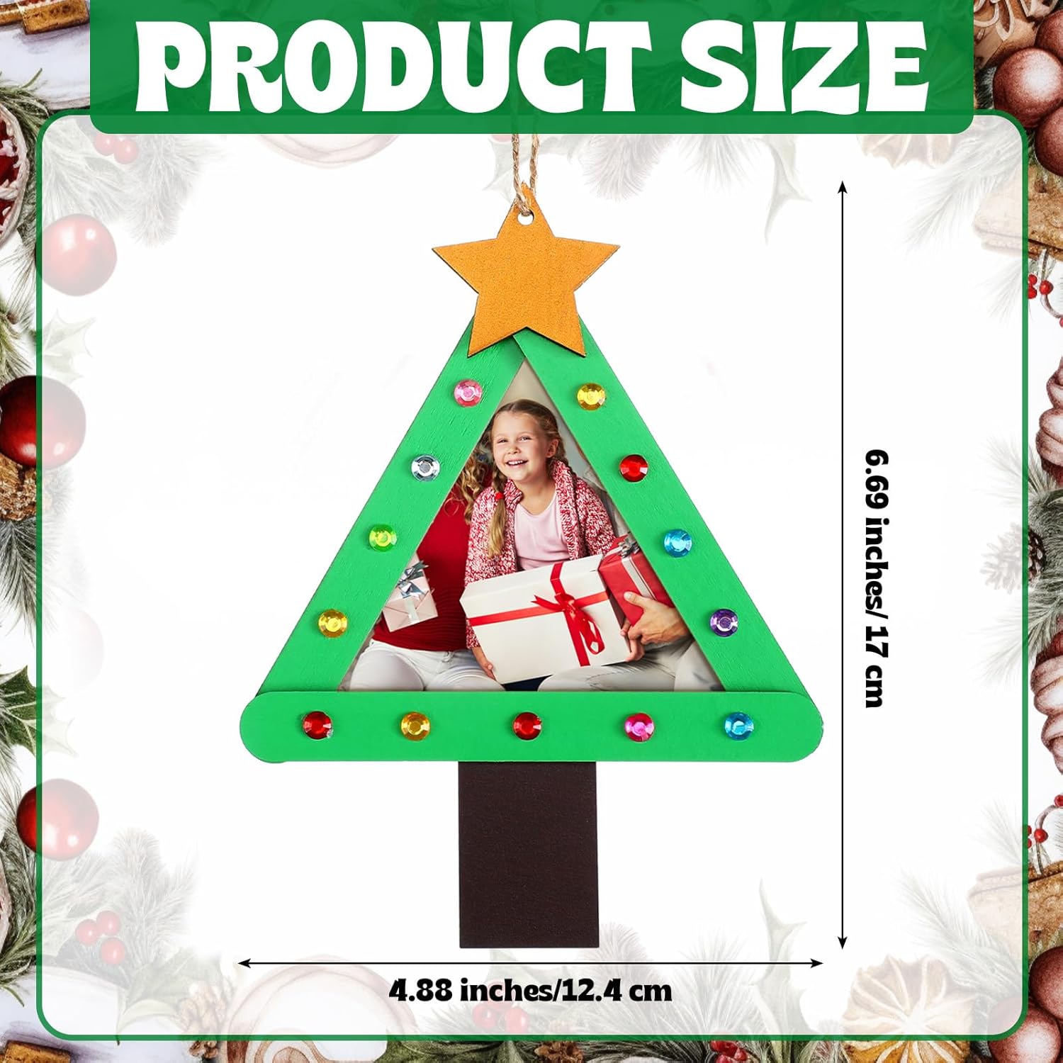 Jetec 48 Sets Christmas DIY Picture Frames Craft Kit for Kids Christmas Tree Photo Frames Ornaments Hanging Wooden Stick Photo Frame Ornament for Xmas Winter Holiday Art Gift Classroom School Home