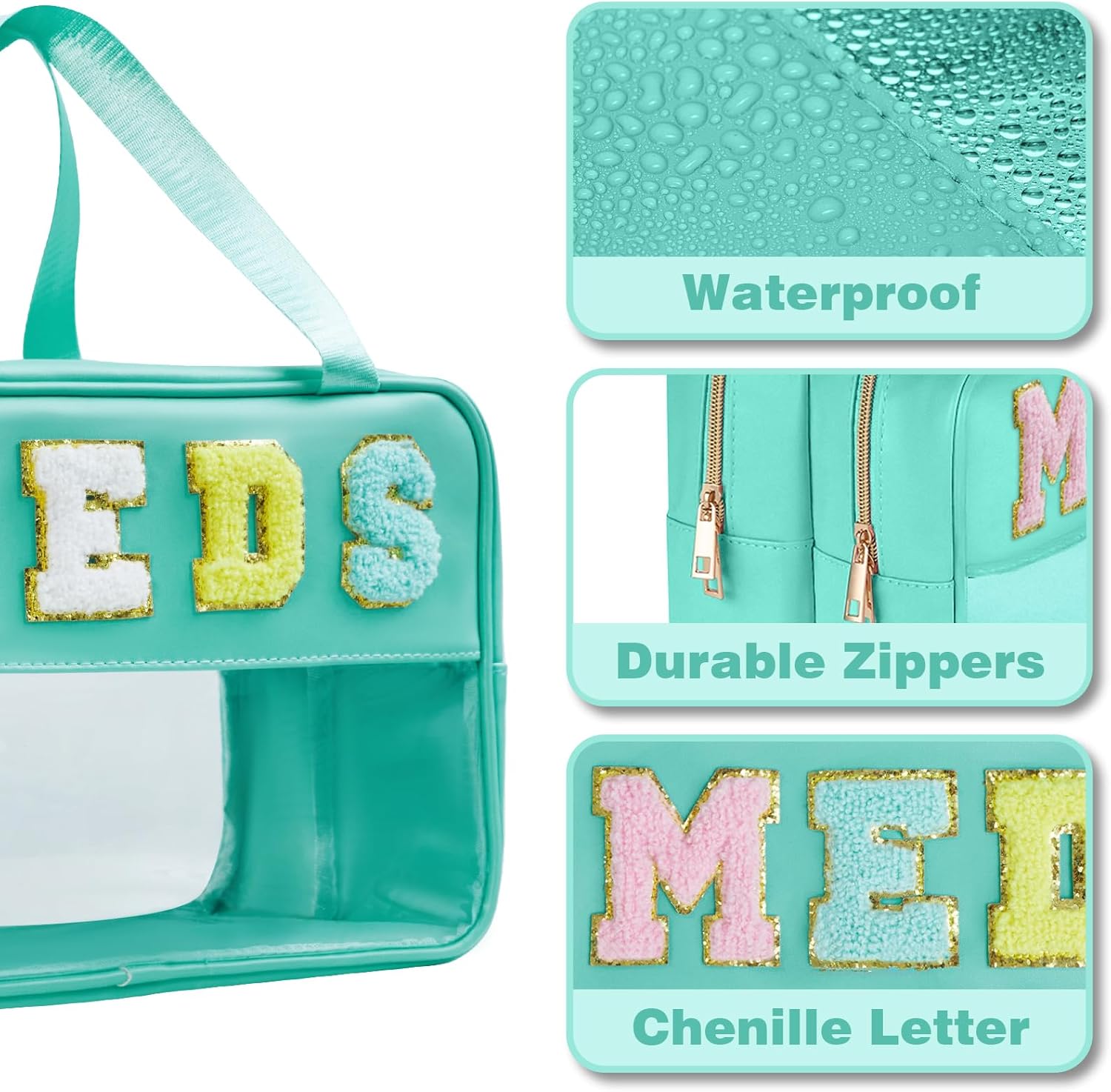 Medicine Bag Chenille Letter Nylon Medicine Bags for Traveling Meds Bag Preppy Patch Makeup Pouch Cosmetic Toiletry Storage Bags for Women (Green-MEDS)