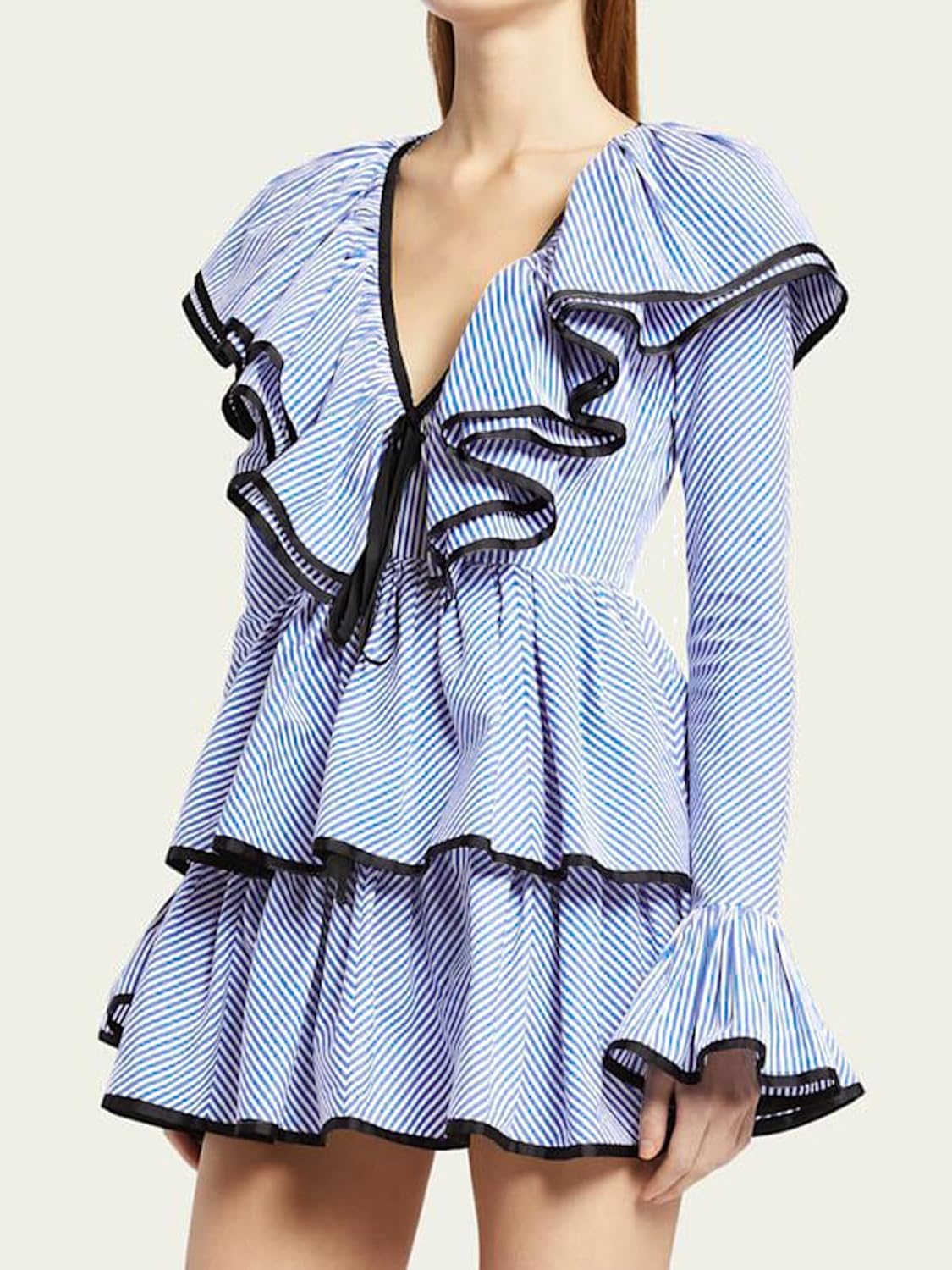 Womens 2026 Summer Ruffle Mini Dress Tiered V-Neck Contrast Striped Party Casual Long Sleeve Flowy Dresses - Image 2