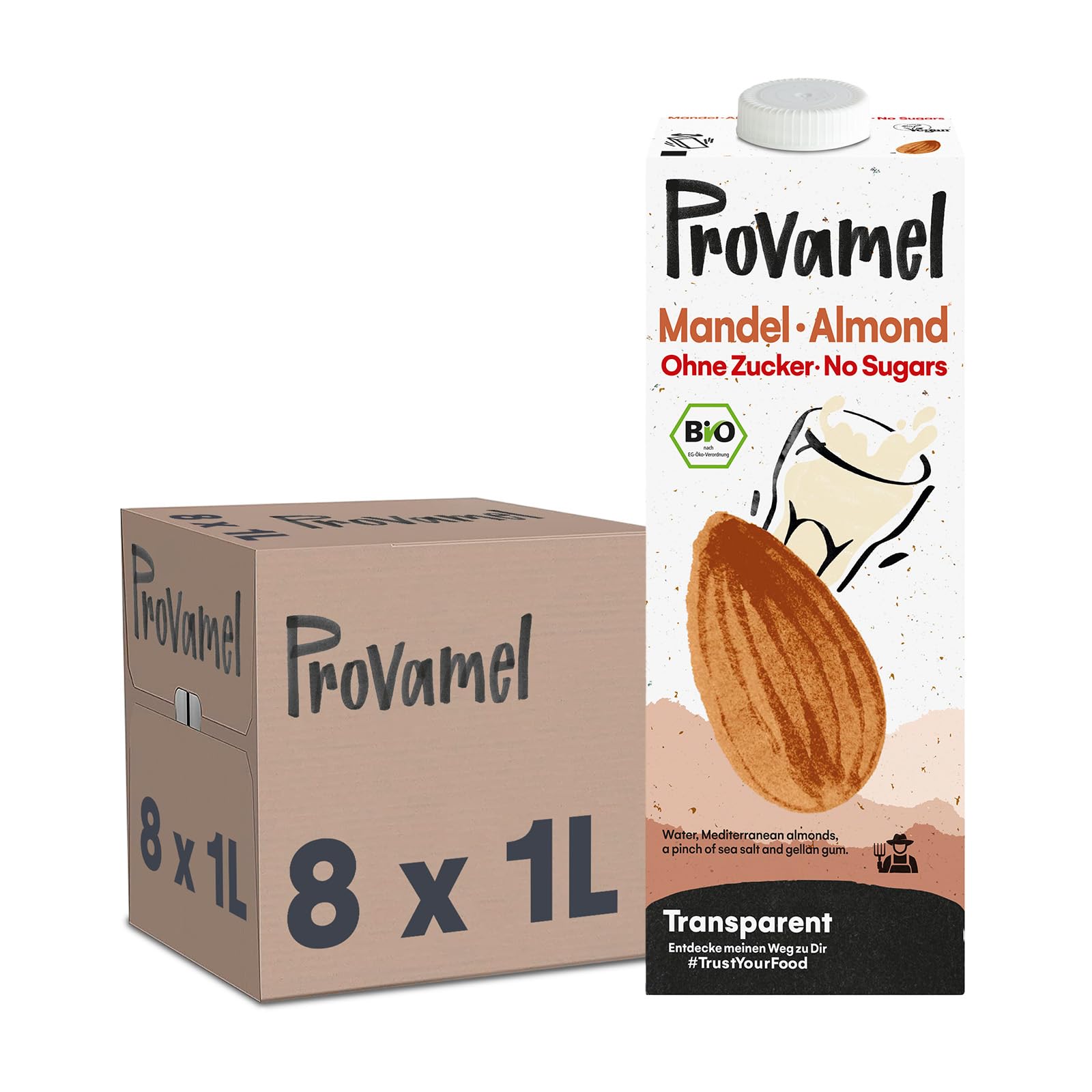 Provamel Organic-Bio Mandeldrink Ohne Zucker, Pflanzlicher Drink, Vegan, Laktosefrei, Glutenfrei, UHT, 8x1 l (8er Pack)