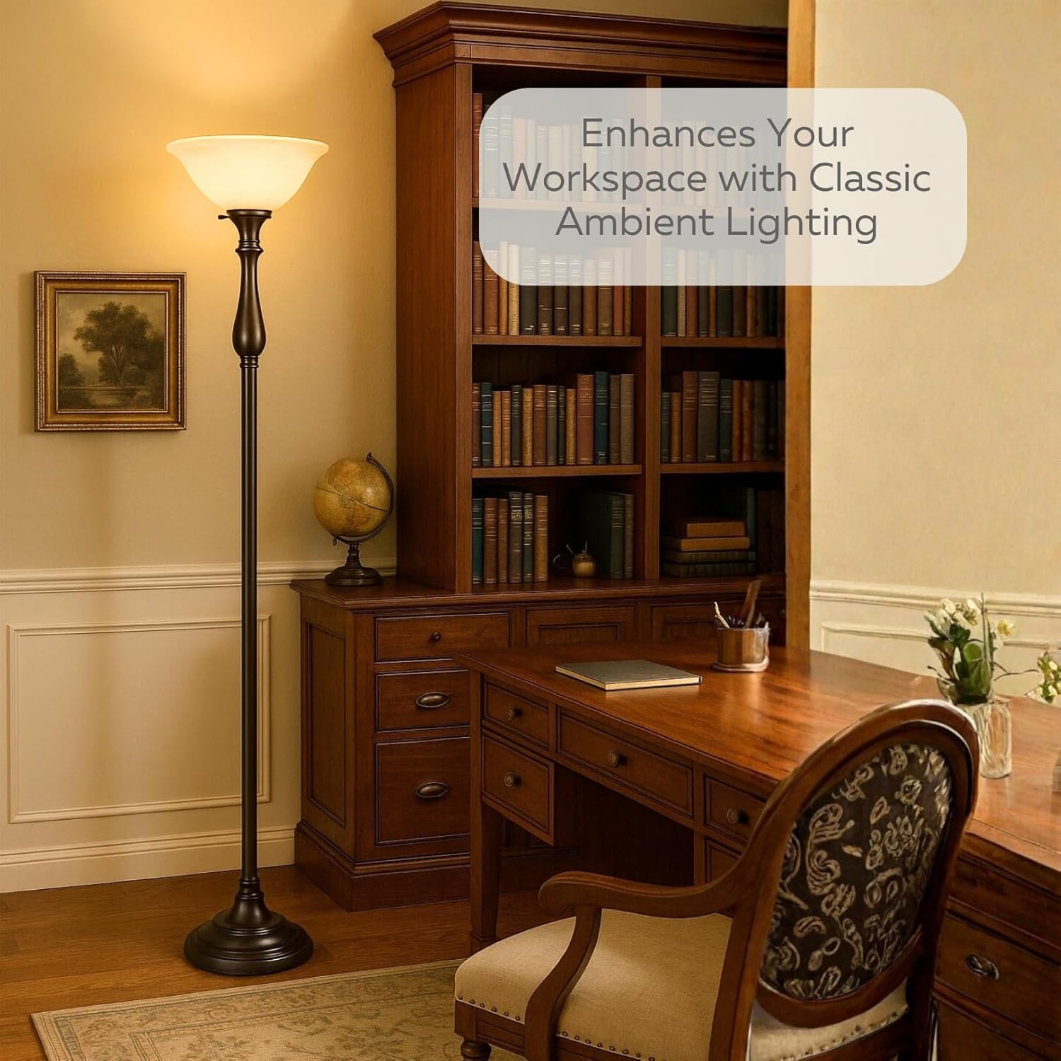 LIGHTACCENTS Royal Bronze Torchiere with Amber Alabaster Shade – Standing Light for Bedroom, Living Room, Office, Reading Corner – Floor Lamp for Home Décor, Ambient Uplight Accent