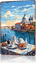 Venice Canalside Breakfast Vintage City Landscape Metal Tin Sign, Retro Travel Tin Signs Posters For Man Cave Bar Garage Car Room Streets Wall Decor 8 X 12 Inch