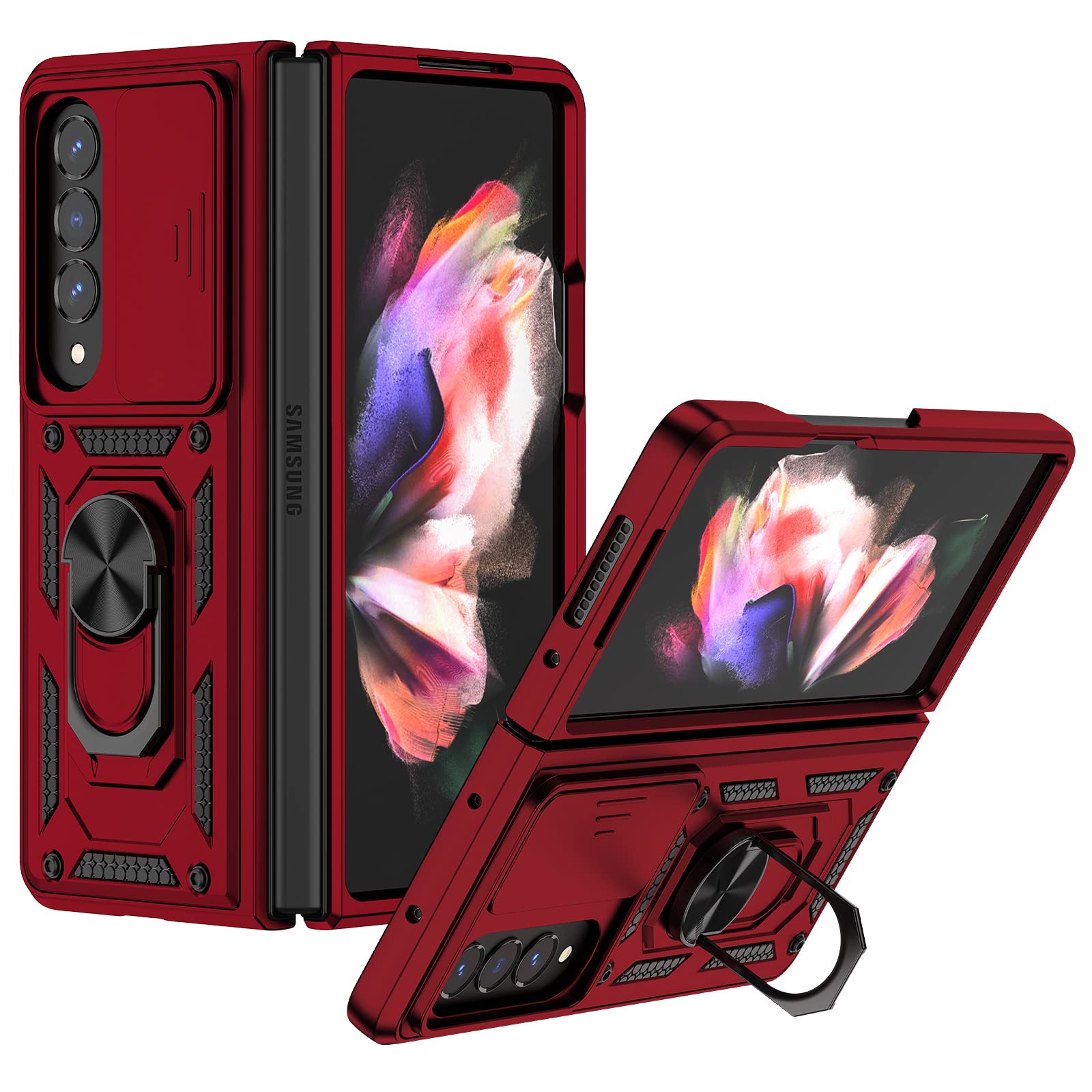 zelaxy Case Compatible with Samsung Galaxy Z Fold 4, Protective Phone Case with Slide Camera Cover, Shockproof Case Cover with Ring Kickstand for Galaxy Z Fold 4 5G 2022 (Red)