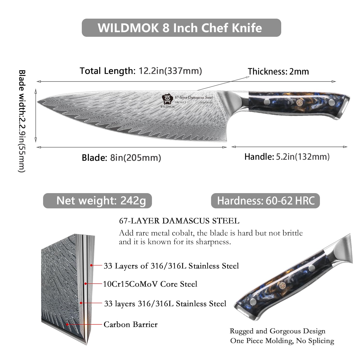 WILDMOK Cuchillo de chef, cuchillo de chef japonés de Damasco de 20 cm, cuchillos de cocina con mango de resina negra de acero VG10 japonés, cuchillos de chef de cocina japonesa de Damasco