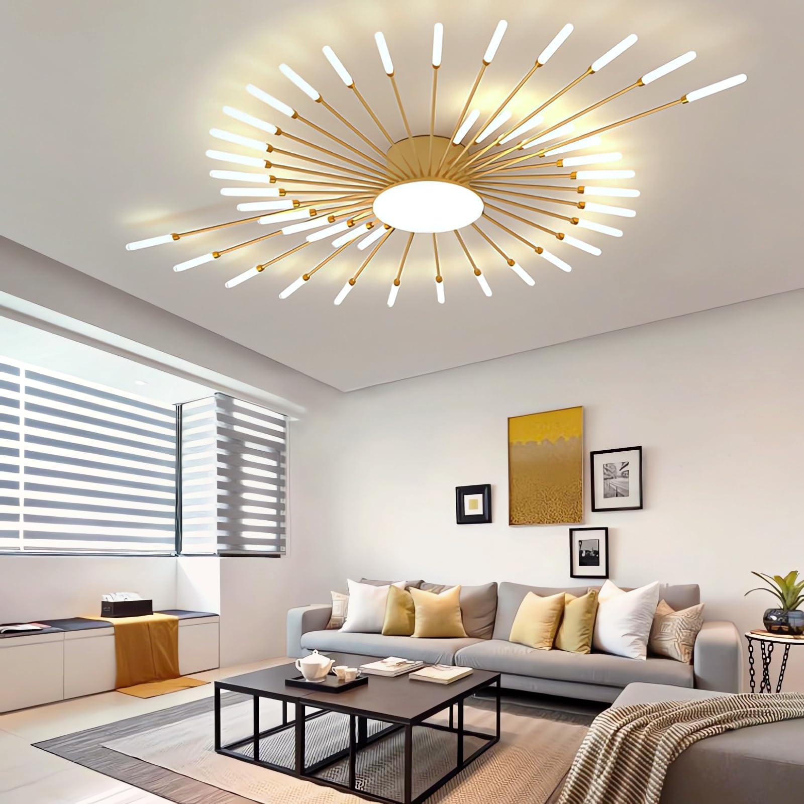 QYSMGS LED Ceiling Light Modern Dimmable Ceiling Lamp Flush Mount Gold/Black Design with Remote Control for Bedroom Living Room Dining Room Office Energy Efficient Lighting (42 Heads,Gold)