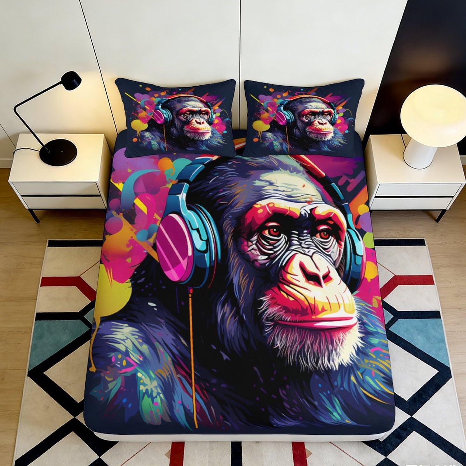 3D Printed Graffiti Monkey Fitted Sheet Microfiber Deep Pocket Bed Wrap Graffiti Monkey Mattress Fitted Cover Non-Slip for Bedroom 140x200x25cm
