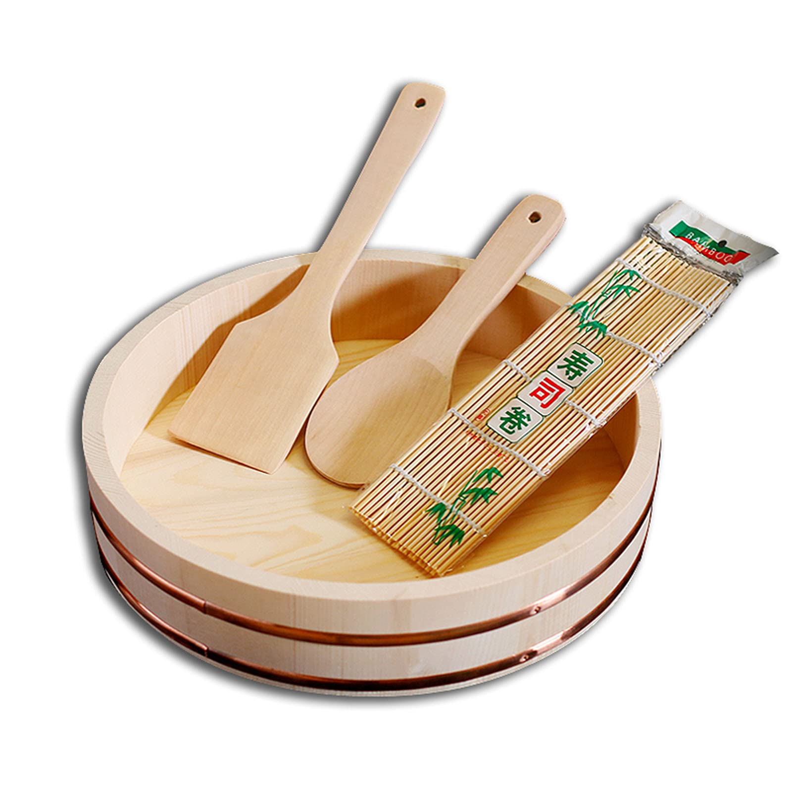 Japońska drewniana Hangiri Sushi Oke miska do mieszania ryżu, zestaw do robienia sushi z 2 łopatkami do ryżu i 1 bambusowymi matami do sushi do użytku domowego, 60 cm / 23,6 cala